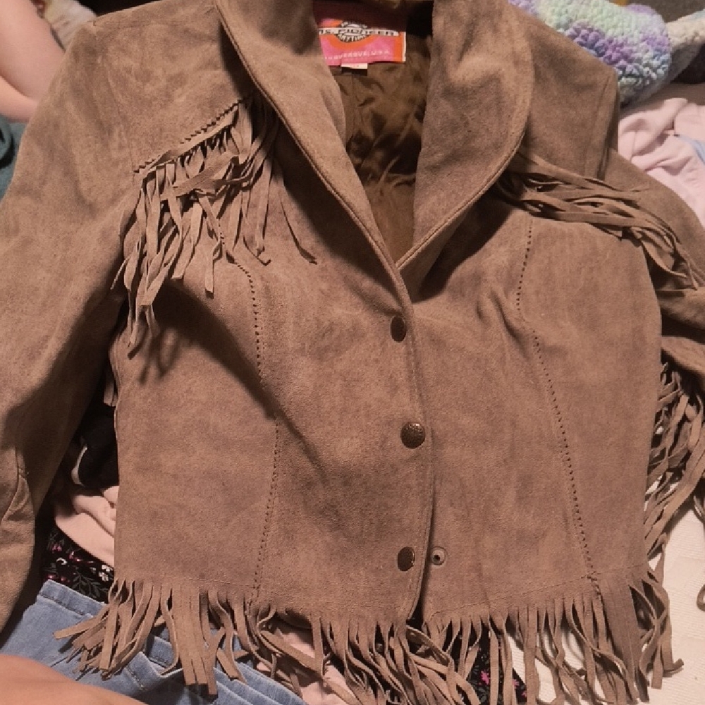 Tan Leather Jacket with Fringe Details